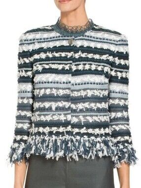 St. John Cardigan Jacket Fringe Lofty Flagged Stripes Knit Blue P Petite XS